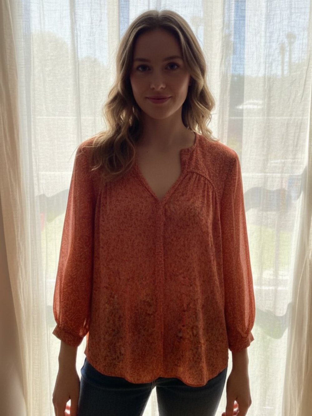 Joie Sheer Silk Blouse With Leaf Print | Tangerine Button-Down XS